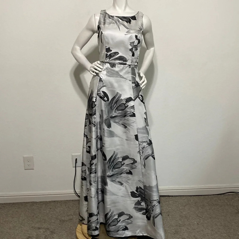 ABS Allen Schwartz Gray & Black Floral Sleeveless Maxi Dress W/Pockets Size 4